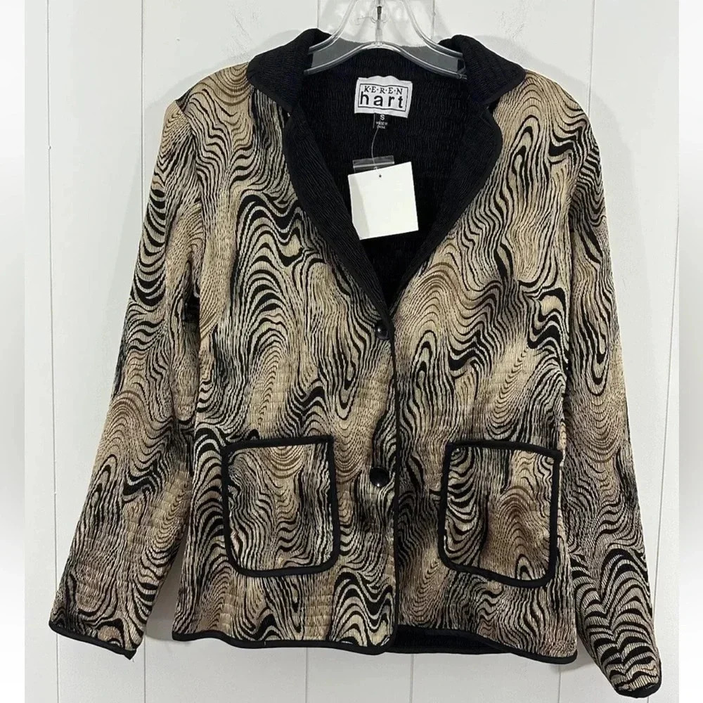 NWT Karen Hart Black Gold Lightweight Jacket Blazer Button Front Shirred Sz S